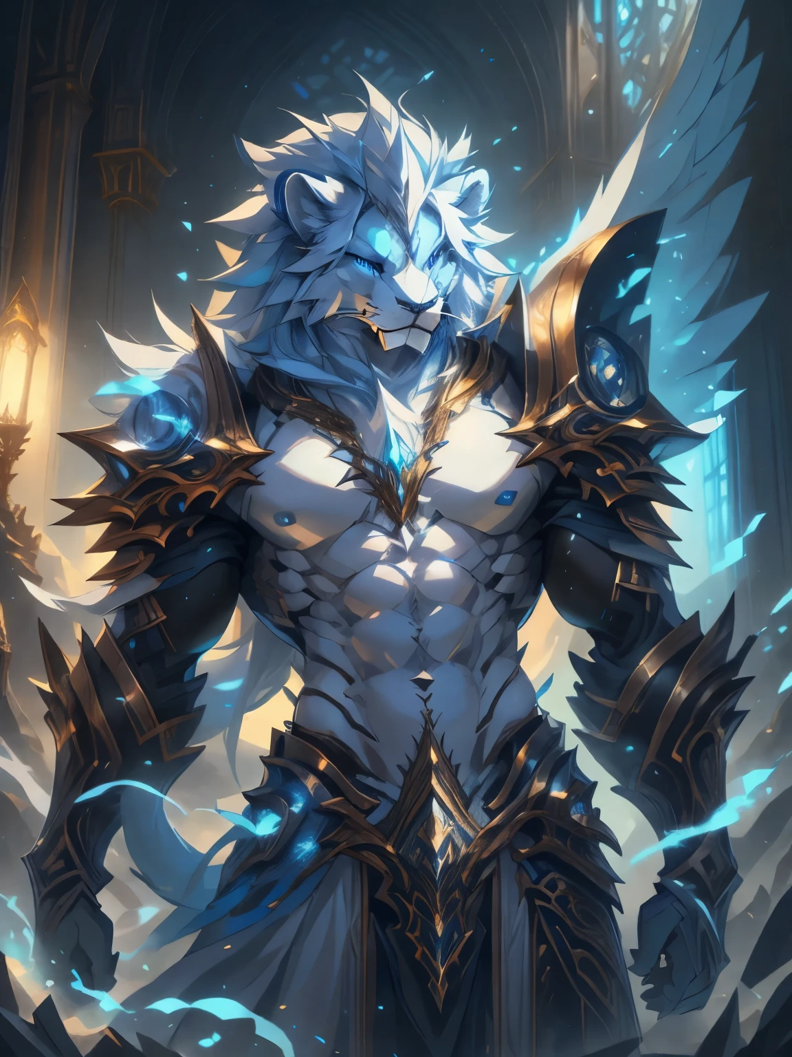 male, furry, Lion anthro, solo, white fur, Blue eyes, (Realistic eye details 1.2), V0id3nergy, abs, Masterpiece, dramatic lighting, soft lighting, day, highly detail, Hair coiled, epic fantasy art style, epic fantasy digital art style, anatomically correct, accurate, UHD, 1080P