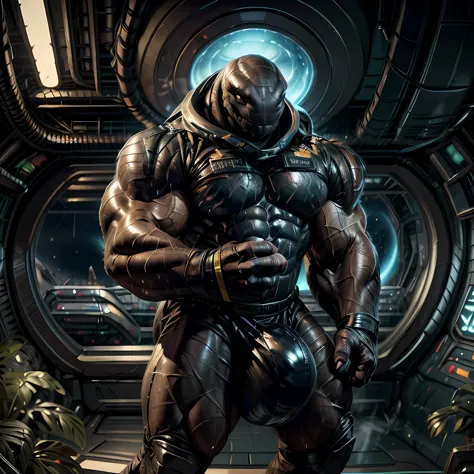 (by chunie, by mystikfox61, by darkgem), solo, male, muscular, giant, massive, enormous, gigantic, buff, biceps, smirking, sangheili, Spaceship bridge, plants, dramatic lighting, sweat, working, military spacesuit, large bulge, 