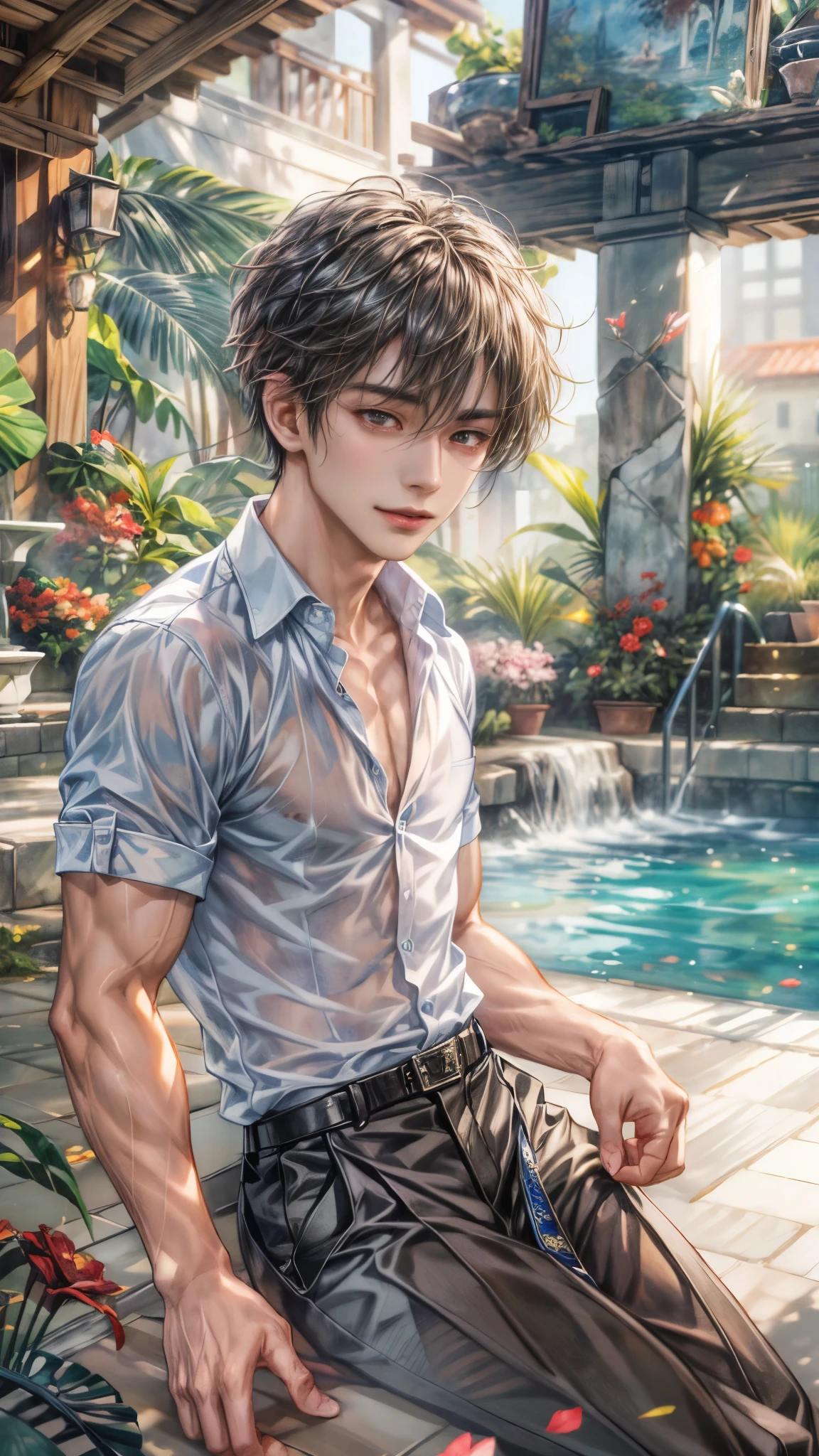 (absurdres, highres, ultra detailed, HDR), masterpiece, intricate, best quality, close-up portrait of a handsome anime character from ayashino ceres, short hair, original hair, captivating scene , boy enjoying a luxurious poolside. happy face, topless, see through shirt showing chest, Incorporate elements of nature, architecture, and the character's unique charm to create a visually stunning and immersive environment, art kenouji.