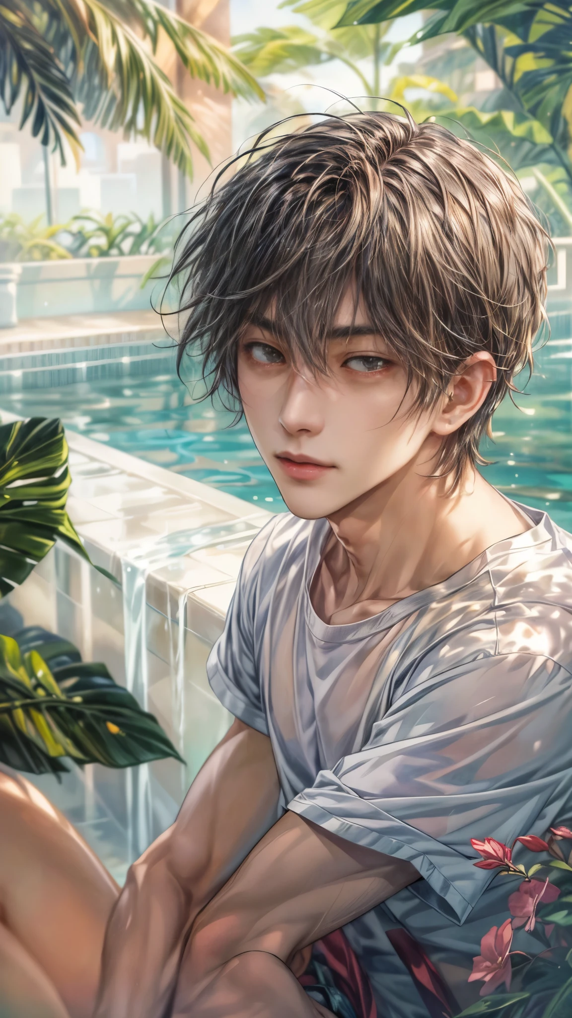 (absurdres, highres, ultra detailed, HDR), masterpiece, intricate, best quality, close-up portrait of a handsome anime character from ayashino ceres, short hair, original hair, captivating scene , boy enjoying a luxurious poolside. happy face, topless, see through shirt showing chest, wearing very short shorts showing legs, slightly hairy, Incorporate elements of nature, architecture, and the character's unique charm to create a visually stunning and immersive environment, art kenouji.