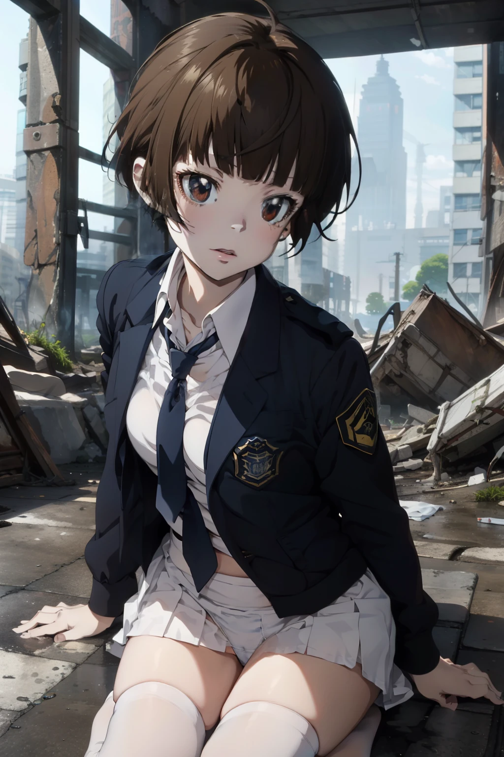 A female surveillance officer belonging to the Criminal Division 1 of the Public Security Bureau, navy blue tight skirt, navy blue jacket, white shirt, tie, (lying on her back on the floor of the ruins), ((lifting up her skirt)), (white panties) , anime style,