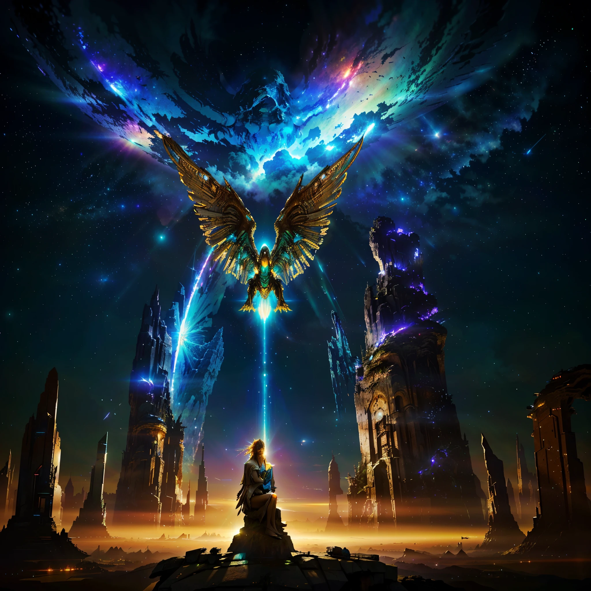 anime, a man sitting on a rock in front of a giant bird, wide angle fantasy art, elven angel meditating in space, epic fantasy sci fi illustration, beeple and jean giraud, epic fantasy digital art style, artgem and beeple masterpiece, fantasy art behance, cosmic horror entity with wings, jessica rossier fantasy art