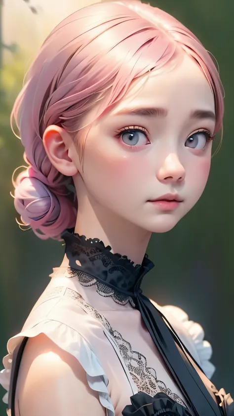 (((blurred background、Watercolor style background)))、one girl、１６talent、anatomy、Pale pink eyes、Loosely braided low ponytail、light...