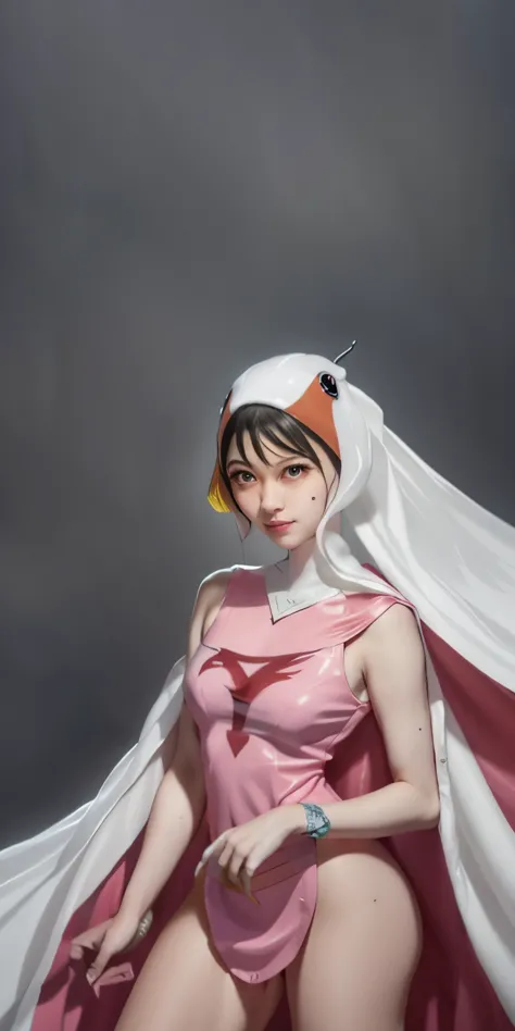 Highest image quality、real image、18-year-old美少女、ポニーテールbeautiful woman、beautiful sister、A woman wearing a pink dress and cloak is standing in front of a building, 18-year-oldの女の子,Jun the Swan、science ninja、white panties、beautiful woman、 As a retro-futuristi...