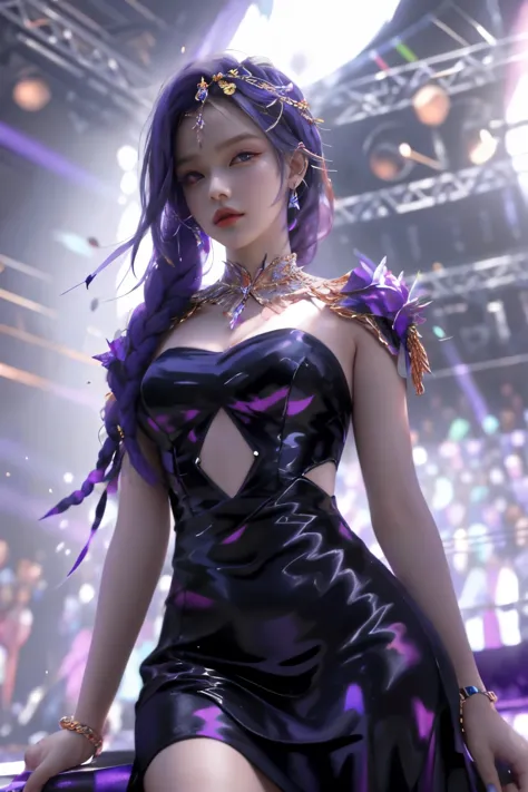 best quality， 1 girl， Keda， solo， Two braided colorful dresses， looking at the audience， upper part of body，Purple light hits th...