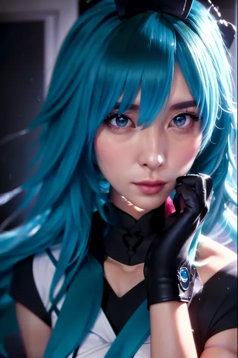 blue hair、arafad woman wearing black gloves talking on mobile phone, mikudayo, cyan hair anime girl, 8k artgerm bokeh, portrait ...