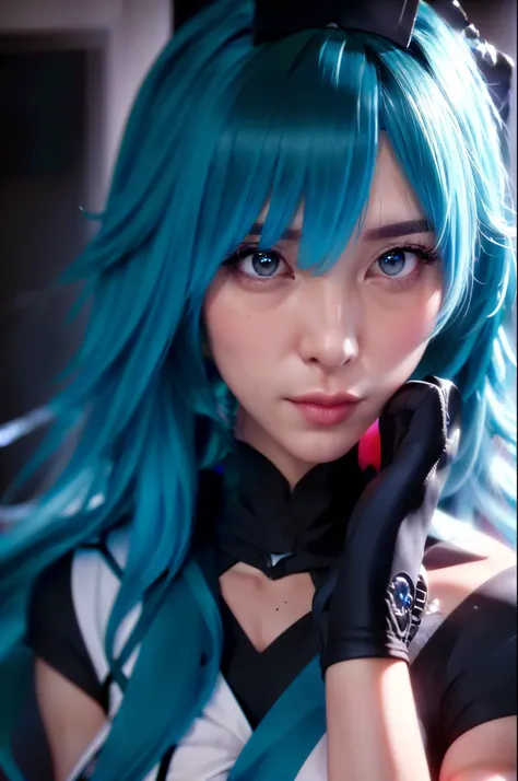 blue hair、arafad woman wearing black gloves talking on mobile phone, mikudayo, cyan hair anime girl, 8k artgerm bokeh, portrait ...