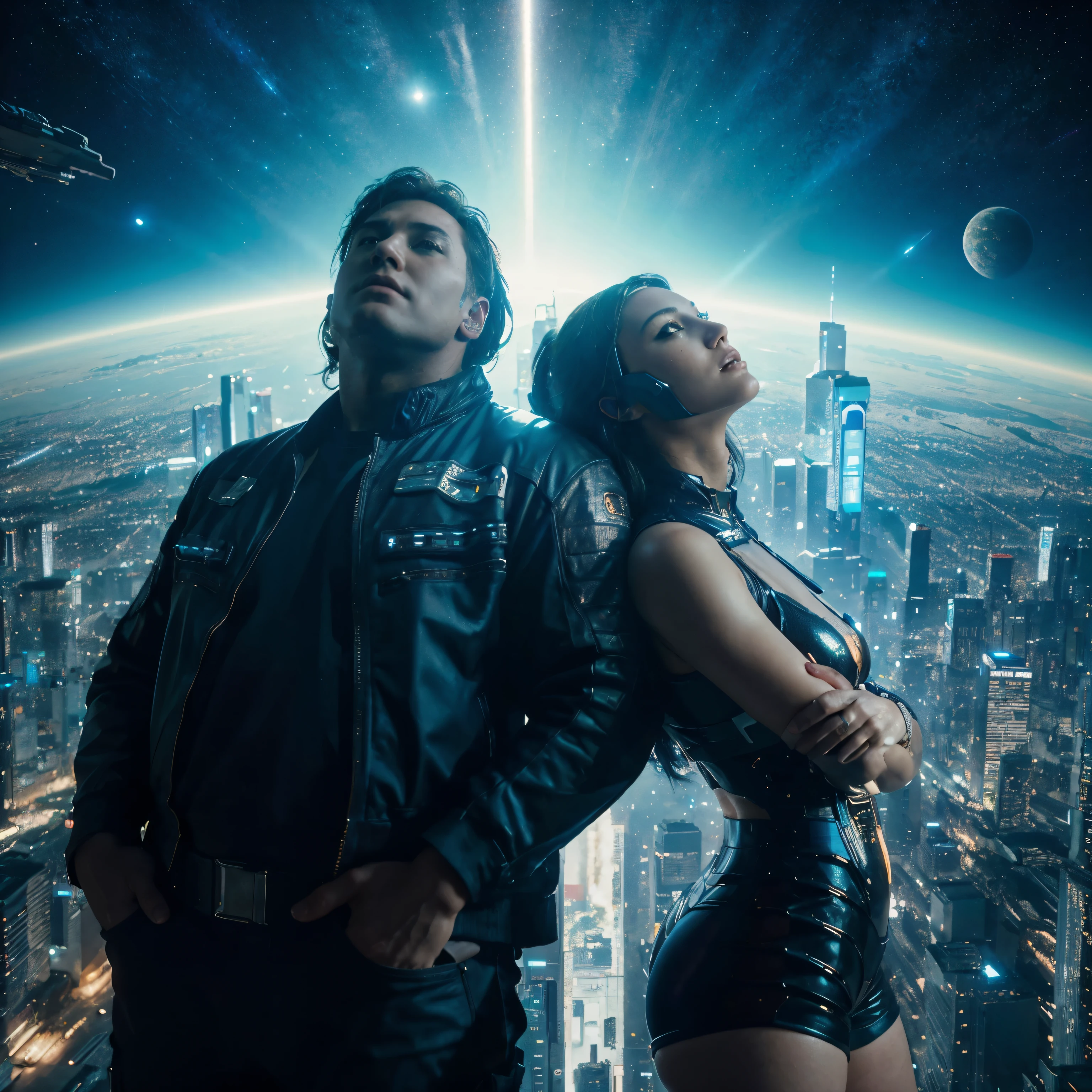 32k, Hyper Realistic, Cinematic scene, best romantic scene, looking up, facing foward, chubby man and slim woman standing lean each other in opposite directions cyberpunk theme, Earth and space as background, beautiful galaxy views, Hyper detailed faces, detailed eyes, detailed lips, detailed fingers, detailed environment, detailed cyberpunk theme