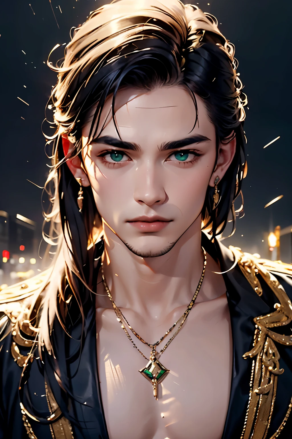 (masterpiece, Best quality:1.2), 1 boy, One beautiful image in art ! Amazing emerald eyes ! Hair with golden streaks . silky shiny hair ! long earrings with sparkling emeralds ! Gold chain around the neck with an emerald medallion !Golden tiara on the head with sparkling diamonds and an emerald in the center ! Detailed handsome face of a young seductive guy ! The magic of male beauty ! On a black background !Behind her, an invisible bright lamp illuminates her hair and the precious stones sparkle. ! lightning flashes behind ! Photos of the highest quality !Portrait of a very young mortified boy, shirtless ,Medallion around his neck, medium shot of handsome guy, model with attractive body, male model, athletic build, bulging pectoral muscles with long, firm nipples , sexy male, attractive body, with abs, matches the picture, perfect and proportioned body, athletic tall handsome guys, cute young man, dylan cole, beautiful beautiful naked body. Top quality photo !