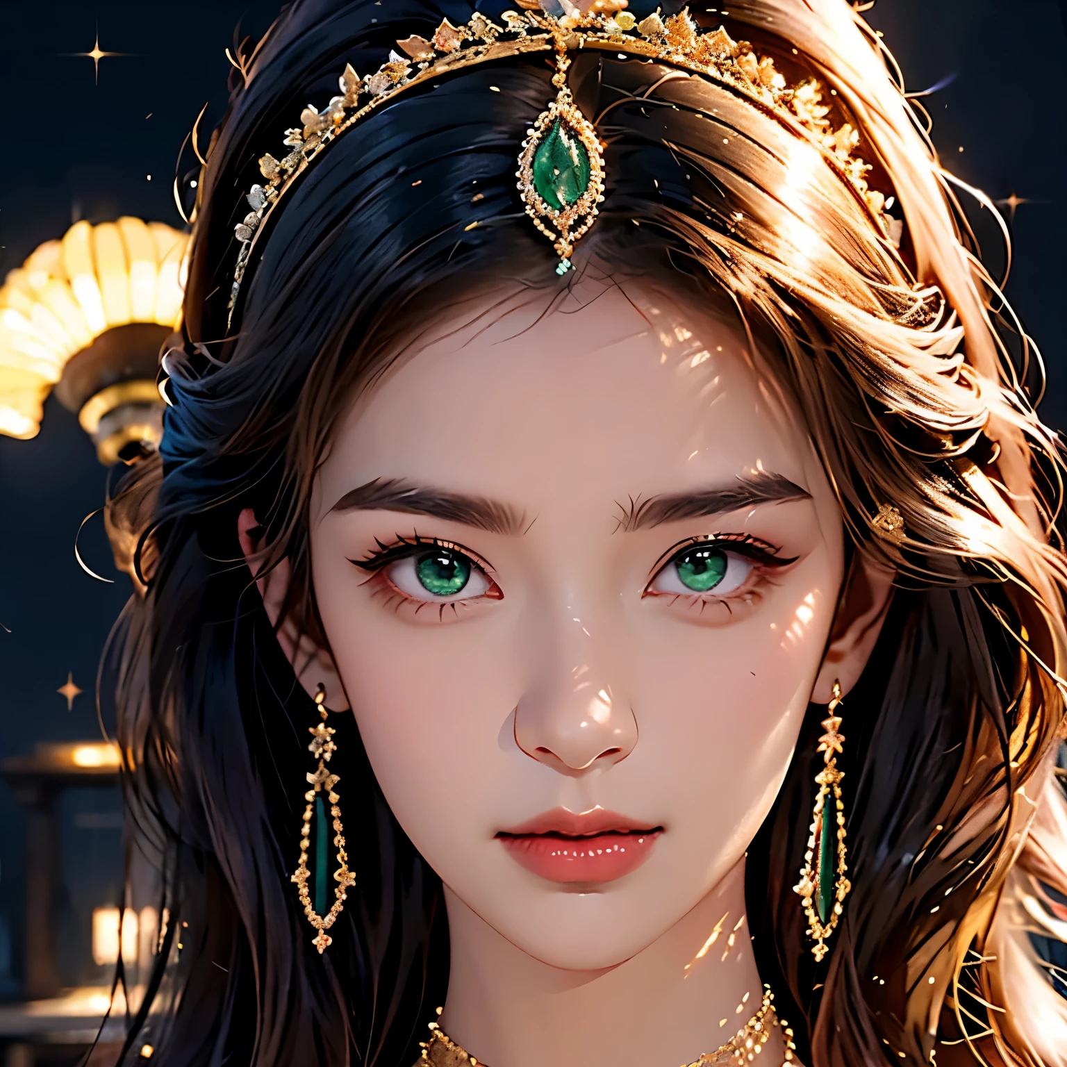 (masterpiece, Best quality:1.2), 1 girl, One beautiful image in art ! Amazing emerald eyes ! Hair with golden streaks . silky shiny hair ! long earrings with sparkling emeralds ! Gold chain around the neck with an emerald medallion !Golden tiara on the head with sparkling diamonds and an emerald in the center ! Detailed beautiful face of a young seductive witch ! The magic of female beauty ! on a black background !Behind her, an invisible bright lamp illuminates her hair and the precious stones sparkle. ! Photos of the highest quality !