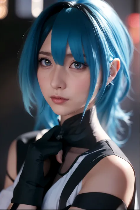 there is a blue hair、woman in black top, anime style. 8k, portrait of hatsune miku, 8k artgerm bokeh, blue hair girl, realistic ...