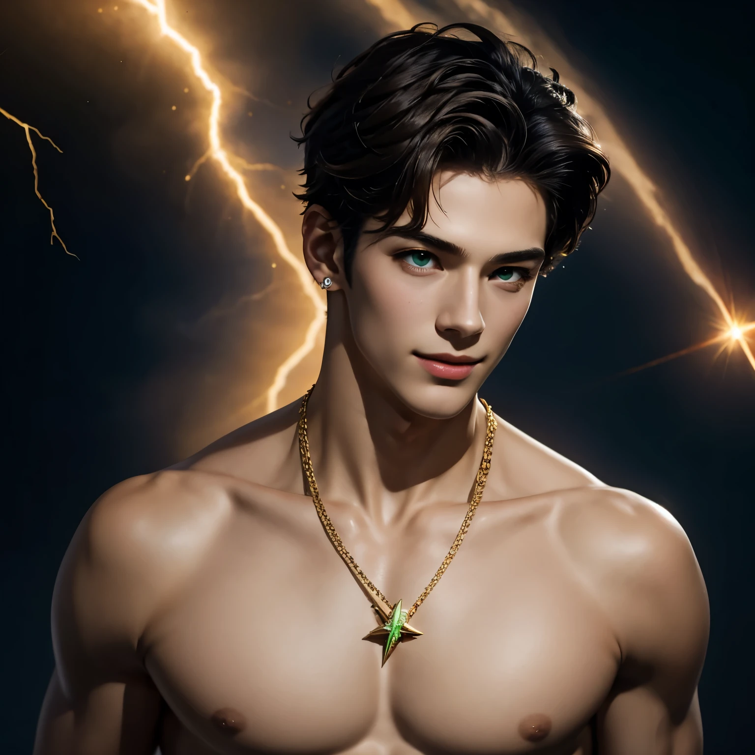 (masterpiece, Best quality:1.2), Handsome slender thin guy Askold, solo . Brunette , short hair , round beautiful face, emerald eyes , straight spout . freckle above upper lip , mysterious seductive smile. slender perfect naked body with big nipples on her chest , Gold chain around the neck with an emerald medallion . sparkling diamond in ear , white thongs , Without clothing , On a black background .Behind the galaxy . Huge Jupiter, sparkling stars , lightning bolts ! Top quality photo - portrait of a boy !