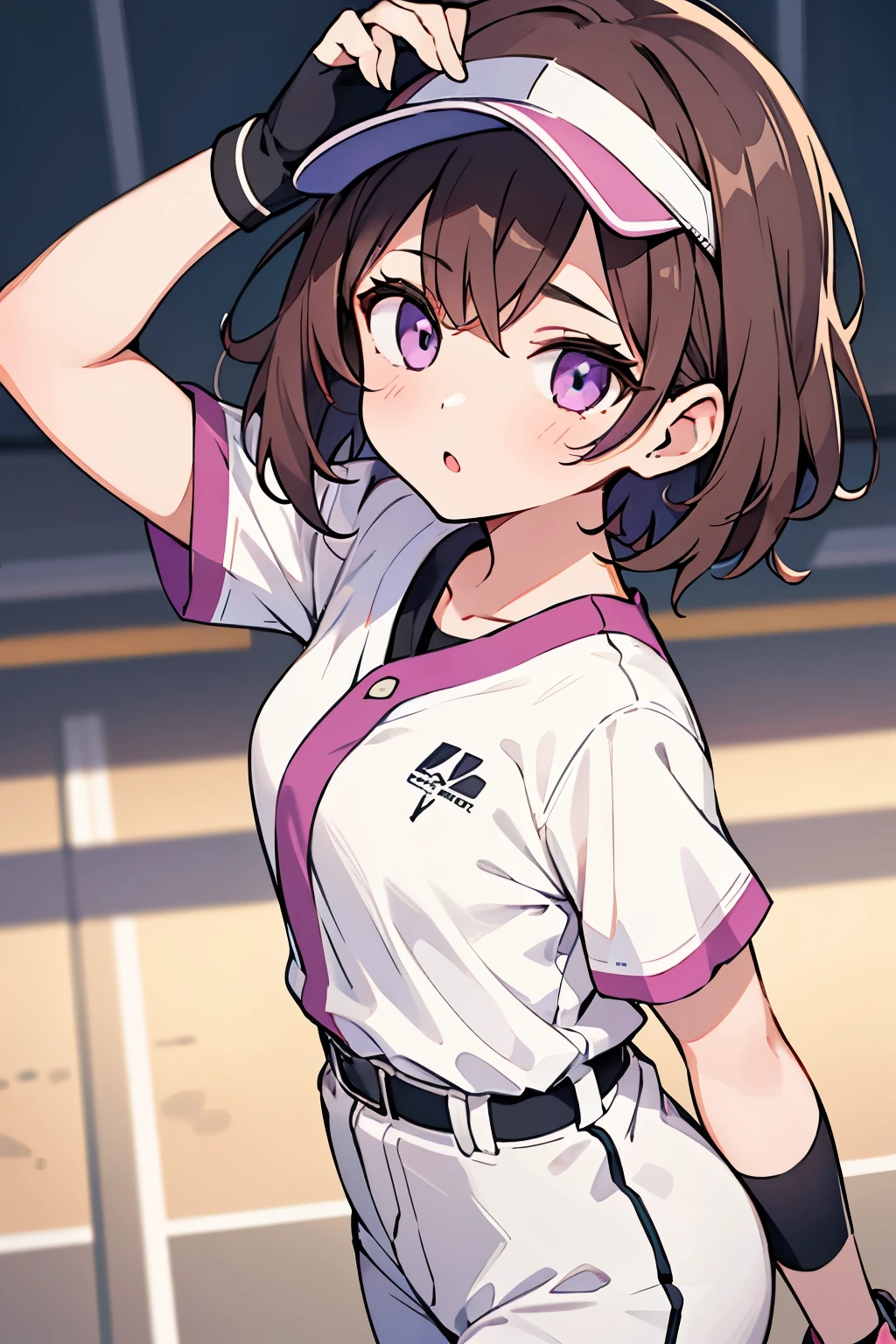 1 girl , short brown hair ,light purple eyes, 走base,white baseball shirt , １base, powerful sliding,8K texture , super resolution , looking at the viewer