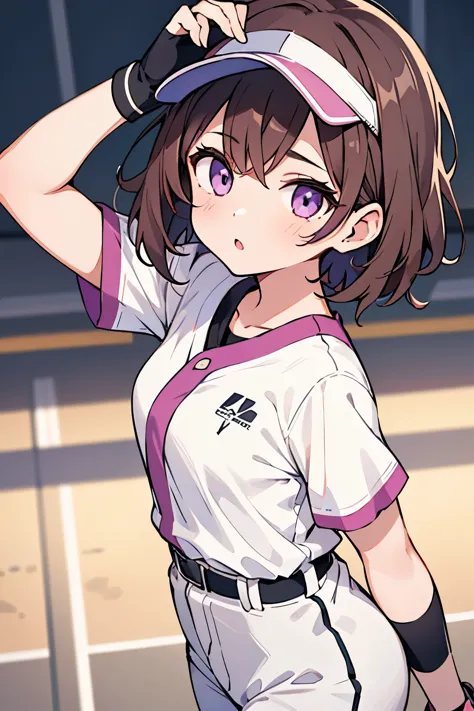 1 girl , short brown hair ,light purple eyes, 走base,white baseball shirt , １base, powerful sliding,8K texture , super resolution...