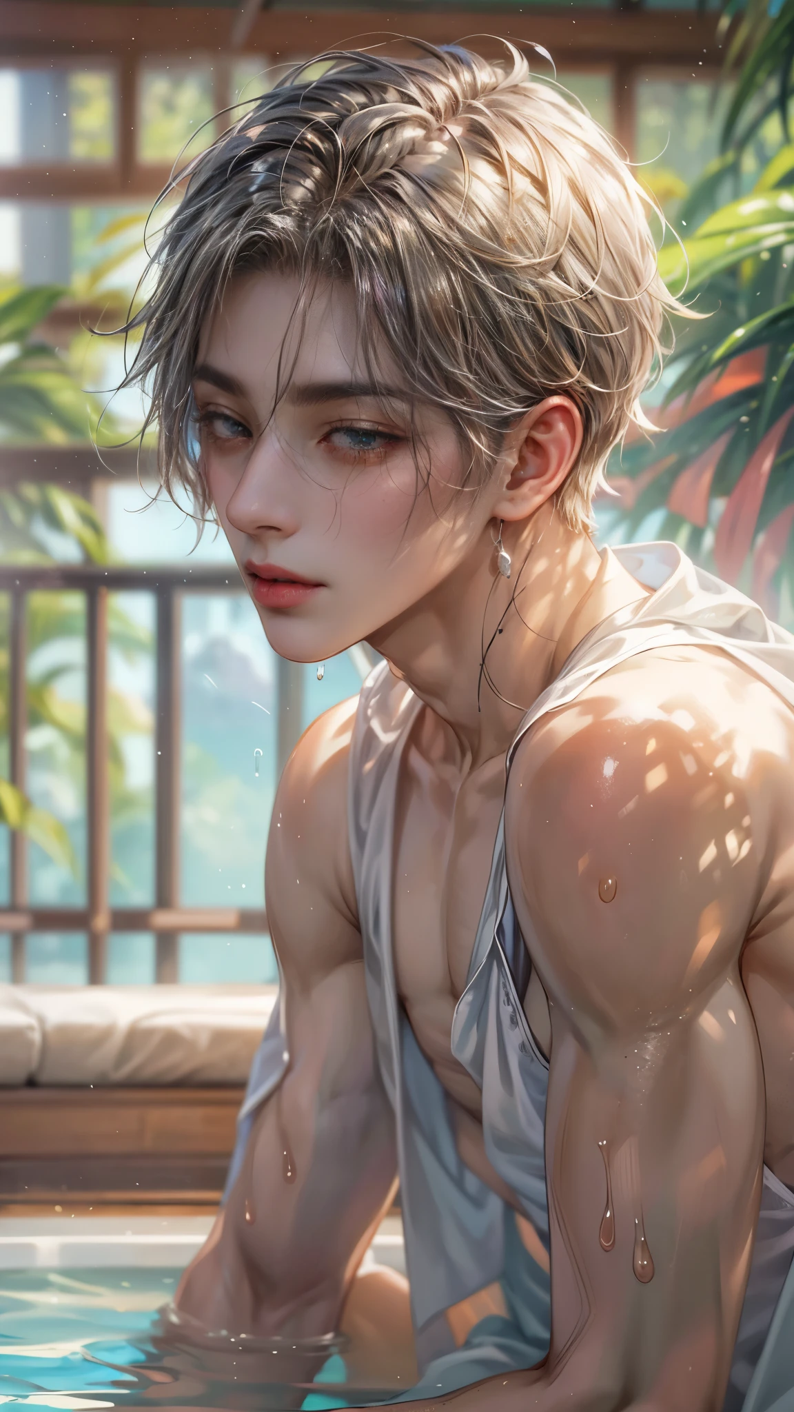 (absurdres, highres, ultra detailed, HDR), masterpiece, intricate, best quality, half body from below:1.1, portrait of a handsome anime character from ayashino ceres, short hair, original hair, towel on shoulder, captivating scene , boy enjoying a luxurious poolside. happy face, topless, see through shirt showing chest, wearing very short shorts showing legs, slightly hairy, Incorporate elements of nature, architecture, and the character's unique charm to create a visually stunning and immersive environment, art kenouji.