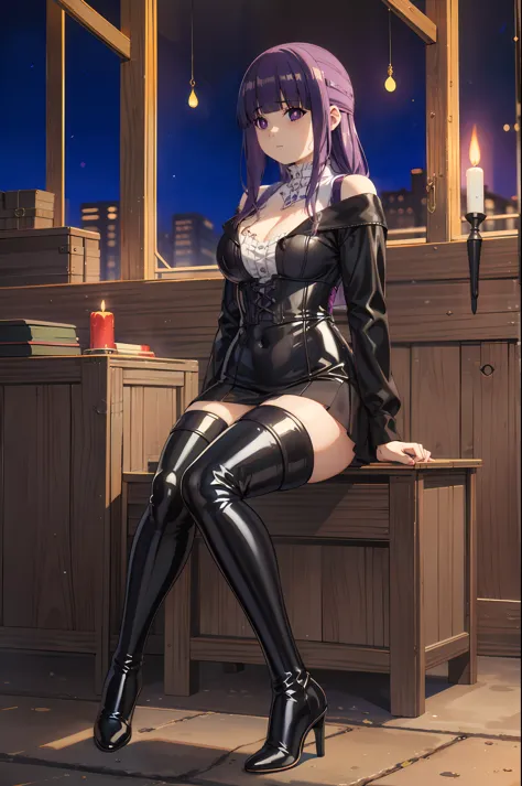 (highest quality, masterpiece),sexy, erotic, 1 girl, 18-year-old, despise, proud, purple long hair, ((purple eyes)), looking at the viewer, medieval tabernacle, (close), ((dark room)), Sweat, the candle is lit, (((No expression))), ((cleavage)), Mr.々Inside...