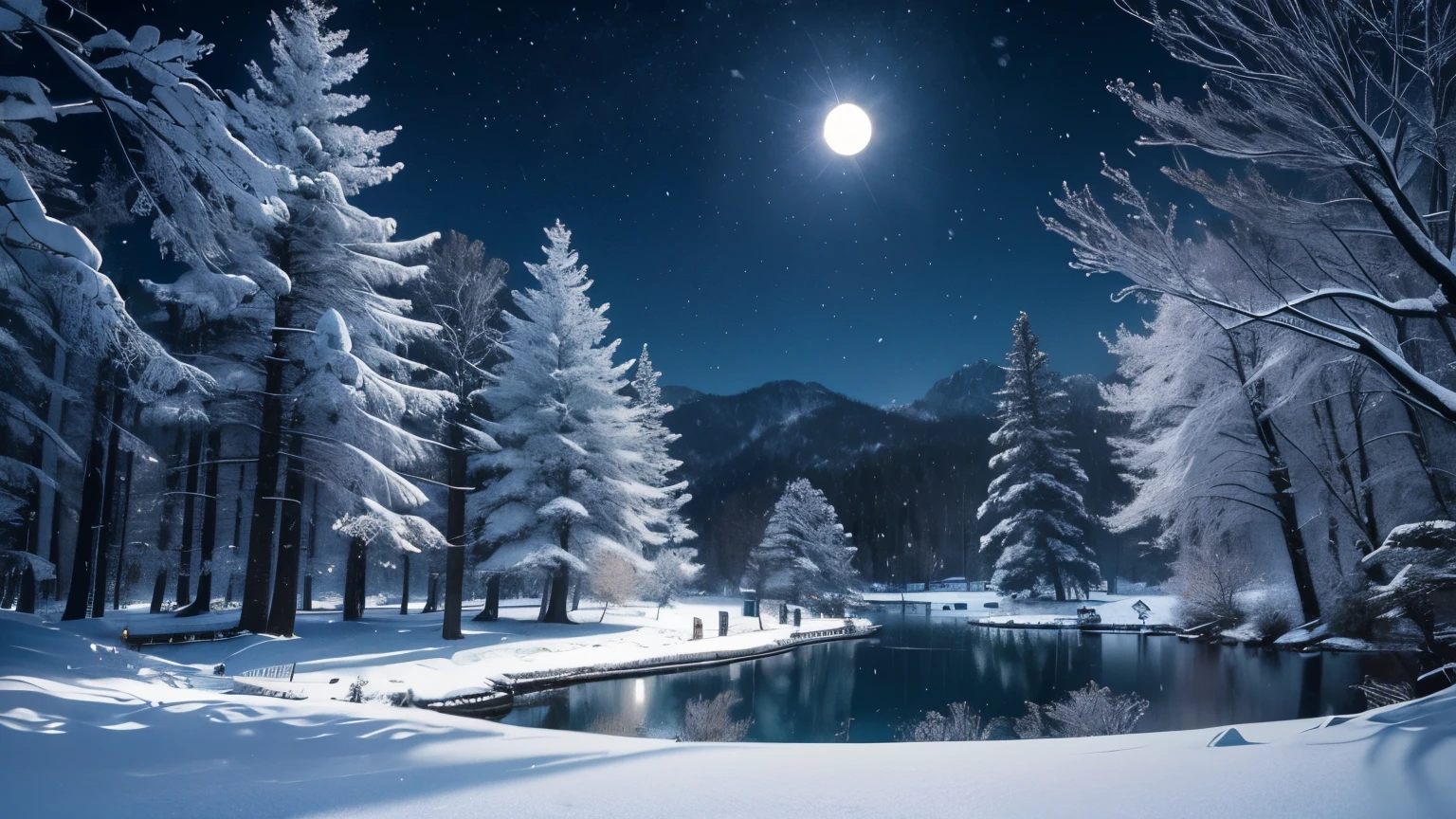 Snowy night scene with a lake and trees in the foreground - SeaArt AI