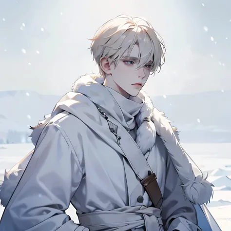 a male, face focus, face picture, snow background, pale blonde, pale skin, black eyes, white fur clothes, cold, clothes made of ...