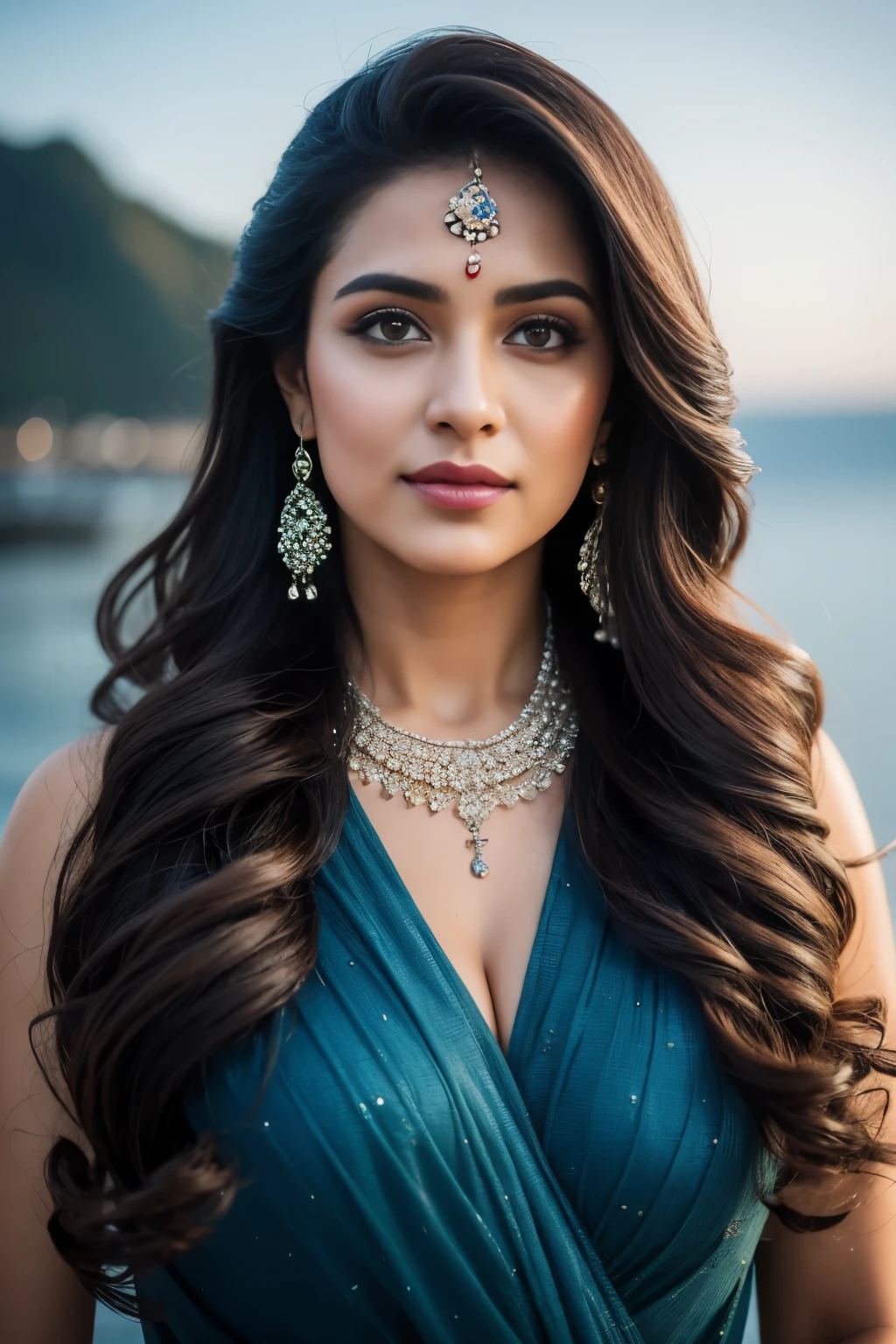 Portrait of A confident-looking indian  woman with long flowing hair, hazel eyes, with flowing capes, ocean background, bokeh, perfect composition, hyperrealistic, super detailed, 8k, high quality, trending art, trending on artstation, sharp focus, studio photo, intricate details, highly detailed, art by greg rutkowski 8k quality, Ultra realistic,