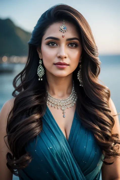Portrait of A confident-looking indian  woman with long flowing hair, hazel eyes, with flowing capes, ocean background, bokeh, p...