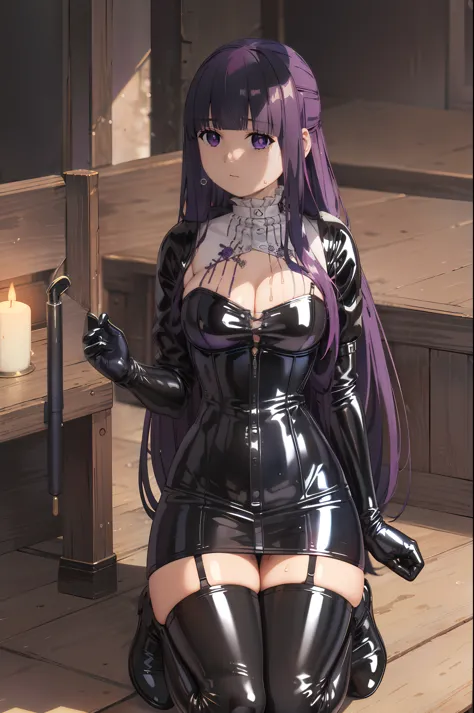 (highest quality, masterpiece),sexy, erotic, 1 girl, 18-year-old, despise, proud, purple long hair, ((purple eyes)), looking at the viewer, medieval tabernacle, (close), ((dark room)), Sweat, the candle is lit, (((No expression))), ((cleavage)), Mr.々Inside...