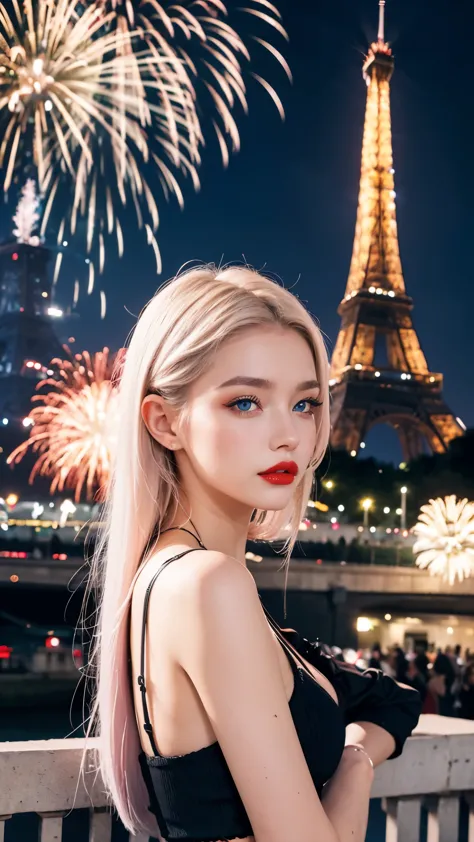 Beautiful girl, french makeup, french girl, blue eyes, red lips, platinum hair, sexy streetwear, eiffel tower background, firewo...