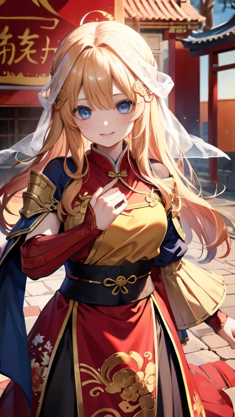 blond，blue eyes，Ancient hair accessories，，red armor，red hanfu，veil，Ancient Chinese architectural background，Huang Yueying《Three Kingdoms》medium breasts，Smile