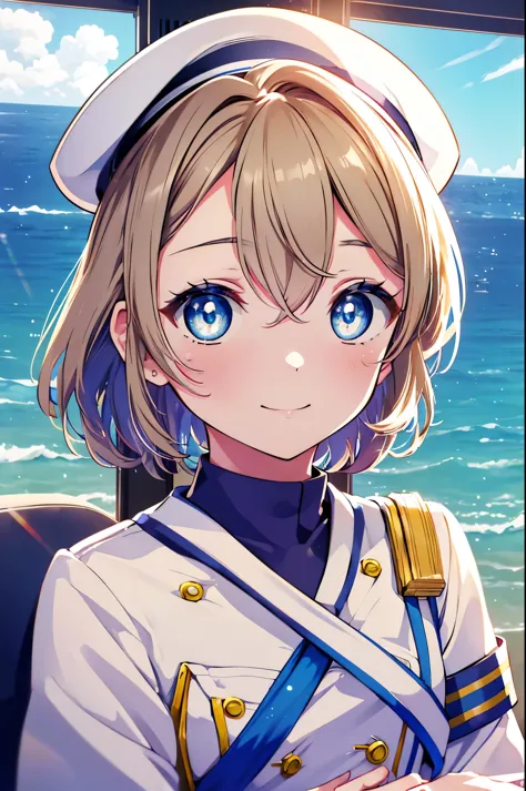 rikosakurauchi, riko sakurauchi, (blue eyes:1.5), hair between eyes, short hair, (light brown hair), (Medium chest:1.2), smile,(((Captain's white uniform))), (((Captain's Cap Ship White))), (clothing details:1.2), Ocean, cloud, Blue sky, smile, Inside a pa...