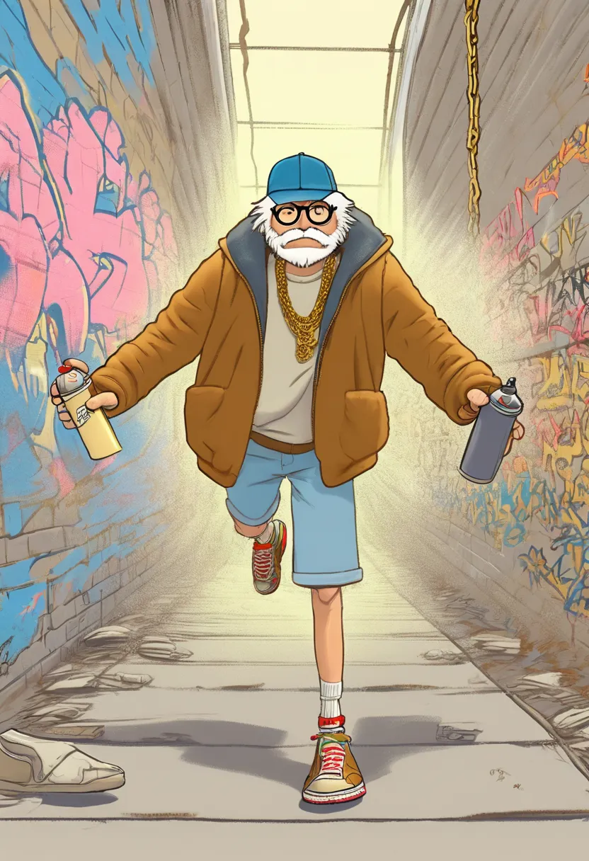 (Hayao miyazaki comic strip:1.4), of an Electricboogaloo style young delinquent wearing a baseball cap, shorts, t-shirt, sneaker...