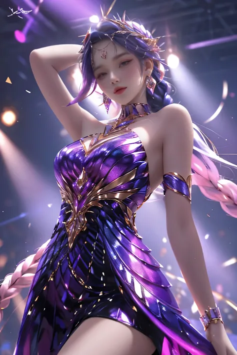 best quality， 1 girl， Keda， solo， Two braided colorful dresses， looking at the audience， upper part of body，Purple light hits th...