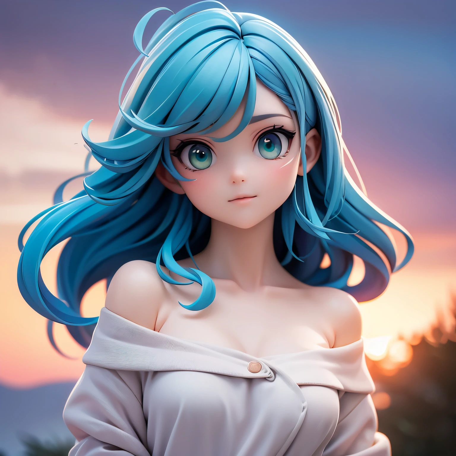 best quality, masterpiece, ultra high resolution, (realism: 1.4), original photo, 1 girl, green eyes, Off-the-shoulder style, light, blue hair, at sunset