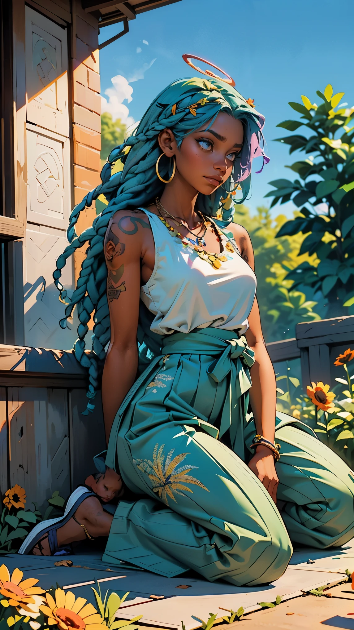 (Exterior: cannabis indica temple garden with sunflowers and tulips in bloom with overgrown cannabis indica shrubs), the scene depicting two lovers sharing a peaceful morning together,
((Figure 1: 1girl, dark-skinned Haitian woman, plump, violet hair, multicolored hair, hair between eyes, dreadlocks, messy hair, glowing halo, scar on cheek, cannabis leaf hair ornament, wearing flowing colorful sundress, sitting comfortably while rolling herbal joint peacefully)) next to ((Figure 2: 1boy, tan Caribbean man, athletic build, flowing braided blue hair, two-tone color hair, prayer bead necklace, wearing tight dark tank top, wearing colorful detailed ornate hakama with sigil designs, tattooed arms and body, kneeling next to girl in peaceful prayer))