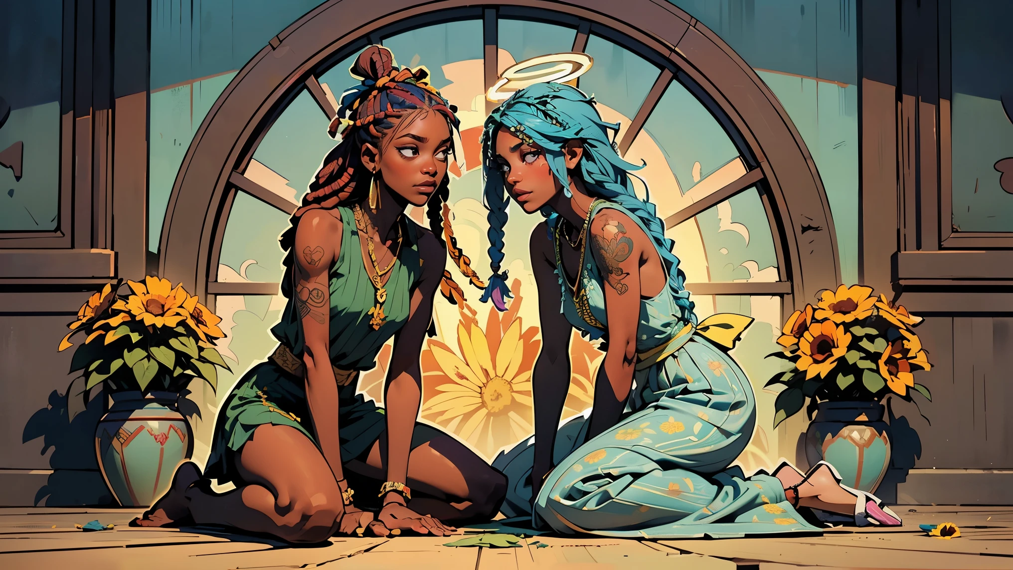 (Exterior: cannabis indica temple garden with sunflowers and tulips in bloom with overgrown cannabis indica shrubs), the scene depicting two lovers sharing a peaceful morning together,
((Figure 1: 1girl, dark-skinned Haitian woman, plump, violet hair, multicolored hair, hair between eyes, dreadlocks, messy hair, glowing halo, scar on cheek, cannabis leaf hair ornament, wearing flowing colorful sundress, sitting comfortably while rolling herbal joint peacefully)) next to ((Figure 2: 1boy, tan Caribbean man, athletic build, flowing braided blue hair, two-tone color hair, prayer bead necklace, wearing tight dark tank top, wearing colorful detailed ornate hakama with sigil designs, tattooed arms and body, kneeling next to girl in peaceful prayer))