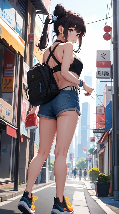 (best quality), 1 girl, ultra-detailed, illustration, yang guifei, city street, standing, (view from behind), short shorts, sneakers, halter top