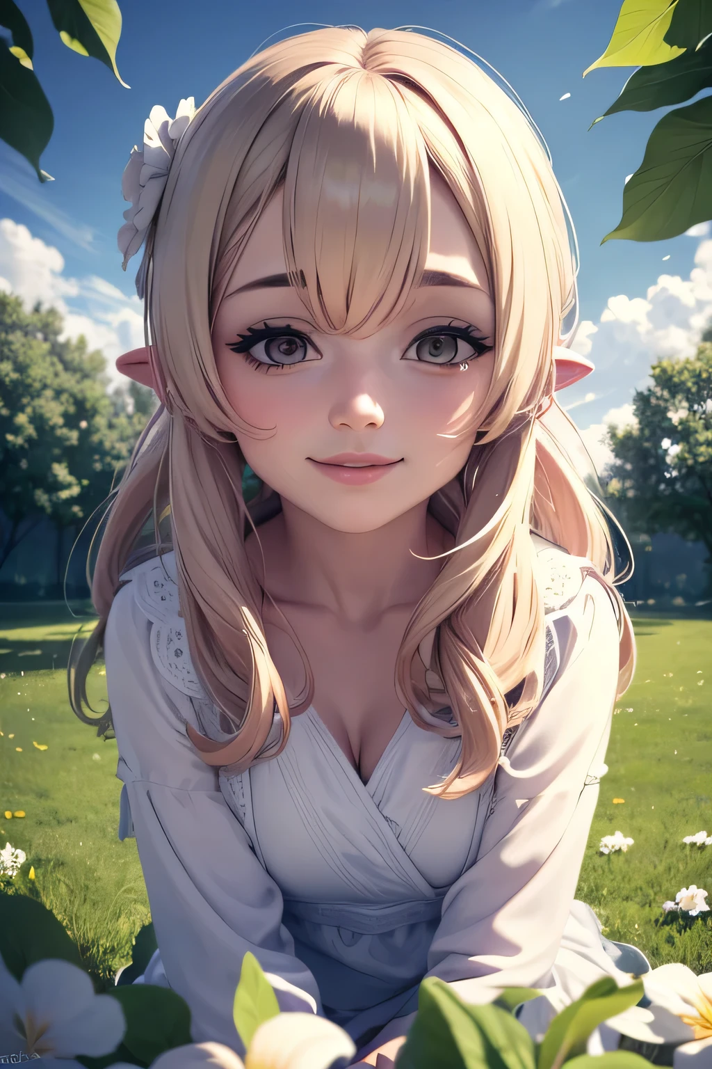 (Best quality,4k,8K,A high resolution,Masterpiece:1.2),ultra detailed,(Realistic,photoRealistic,photo-Realistic:1.37),Girl in the garden,beautiful detailed eyes,beautiful detailed lips,extremely detailed eyes and face,long eyelashes,Green grass, bright flowers, warm sunlight, Gentle breeze, flowy dress, Charming smile, peaceful atmosphere, natural beauty, soft colors, Soft lighting, Delicate shadows, Calm atmosphere, An unearthly sensation, graceful pose, happy expression, Tranquil environment, Blooming nature