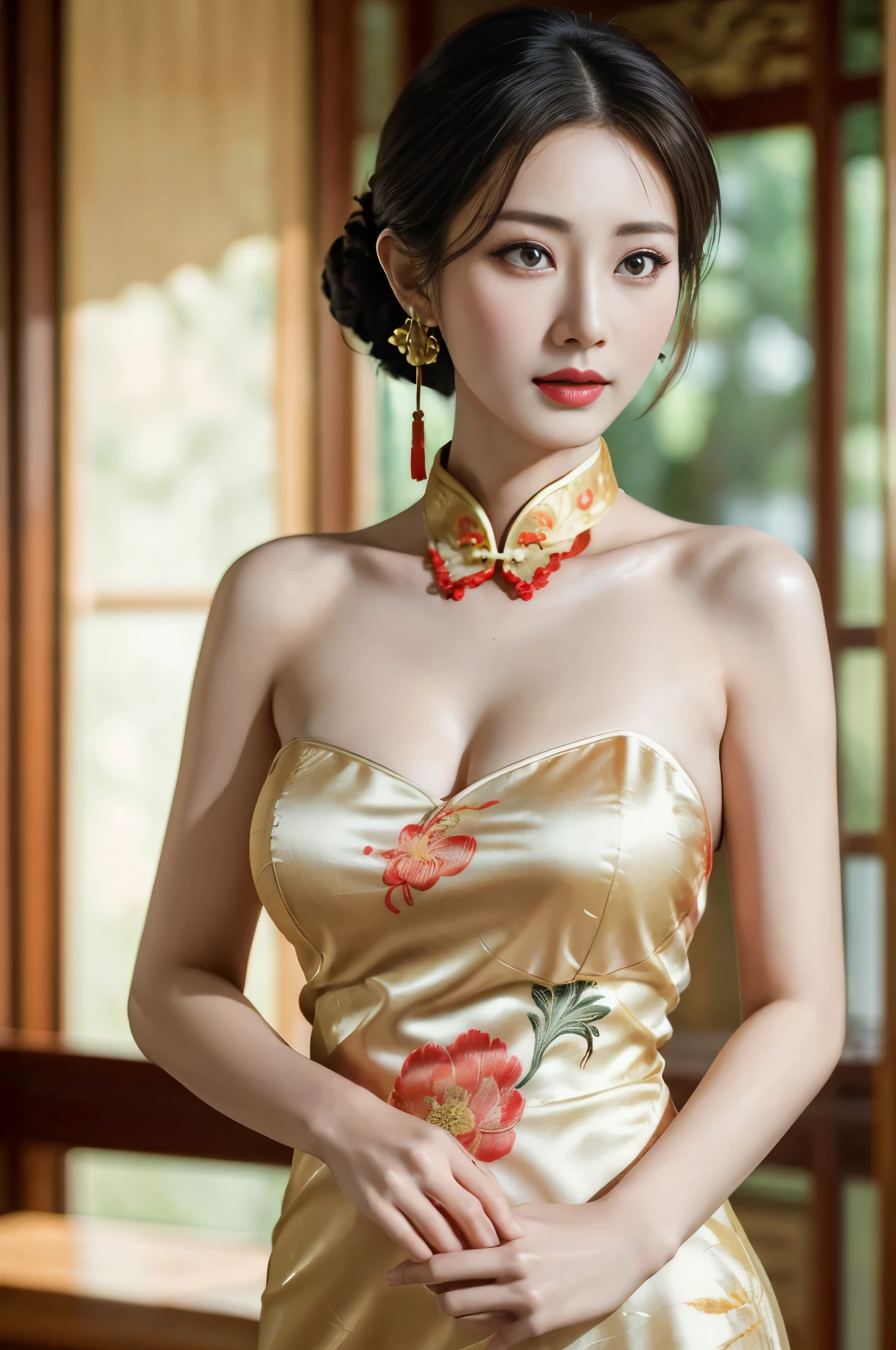 A Chinese woman wearing a cheongsam,
(((masterpiece))), ((best quality)), ((Intricate details)), ((surreal)), H, milf, mature woman, view, Very detailed, illustration, 1 girl, ((big breasts)), perfect hands, Detailed fingers, Beautiful and delicate eyes, hair tied up, brown eyes, ( Sexy Chinese style dress:1.2), earrings, Detailed background, perfect eyes, seductive eyes, looking at the audience, from the front