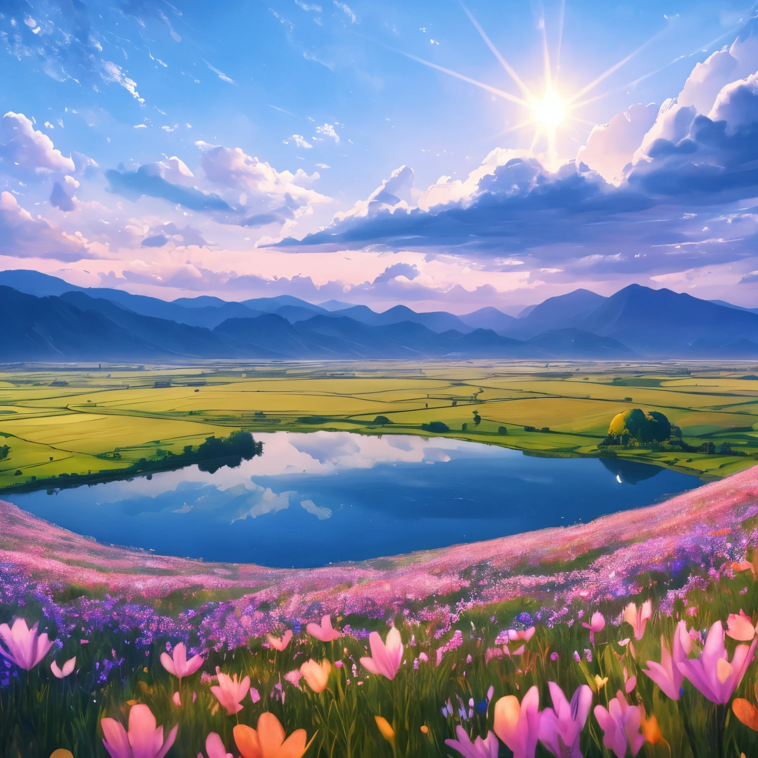 Nearby is the forested Great Plains，Flowers are blooming even in the plains，There is a lake，there is a stone，A hazy mountain in the distance々I can see，The sky was colored by clouds，the morning sun rises，Starlight，watercolor asterpaintings 