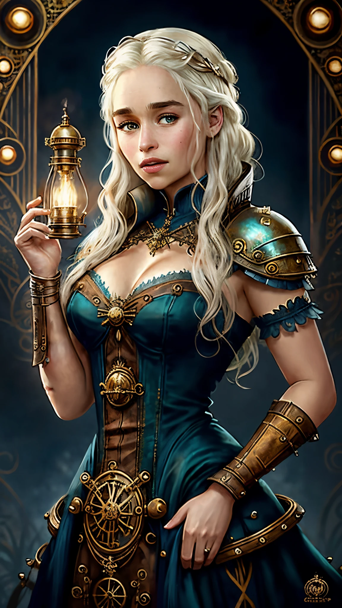 steampunk, (Emilia Clarke) como Daenerys Targaryen, cerraduras blancas steampunk, vestido azul intrincado steampunk, ama de dragones steampunk, on a , 1 mujer, solo, beautiful detallado glow, detallado, luz cinemática, Detalle intrincado, Realista, alta resolución, detallado facial features, Alto detalle, enfoque nítido, Liso, Estético, extremely detallado, stamp, renderizado de octanaje