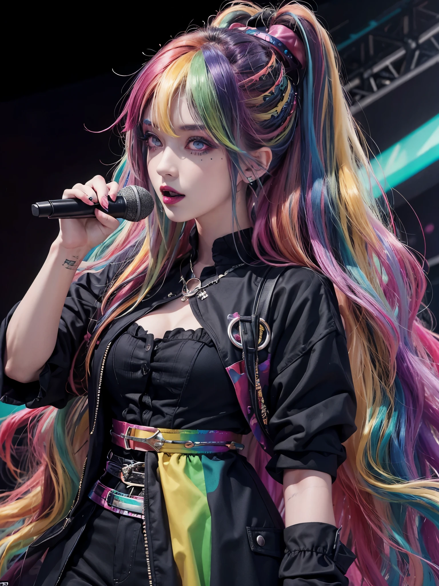 1girl, solo, goth, color:spectrum, excited, bright rainbow hair, pale skin, smoky eyes, vivid colors, on stage, punk rock hairstyle, long wavy hair, black lips, technicolor, singing, microphone, detailed eyes, large breasts