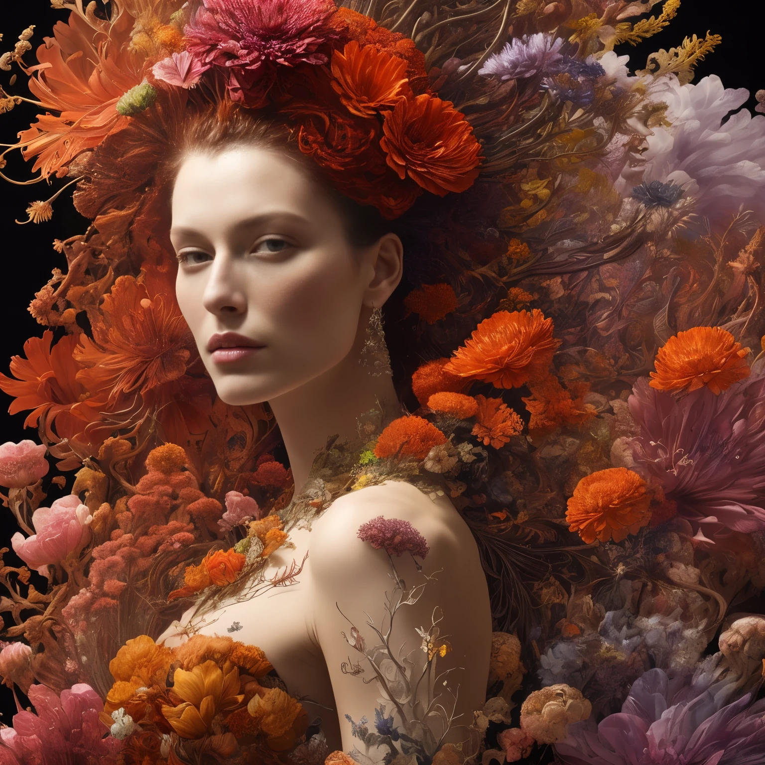 An ultra hd detailed painting of many different types of flowers by android jones, earnst haeckel, james jean. behance contest winner, generative art, baroque, intricate patterns, fractalism, movie still, photorealistic,Portrait of a beautiful woman surrounded by fire, portrait of beautiful young maiden, warhammer, some red water, the middle ages, highly detailed, artstation, illustration, sylvari portrait, 8 k quality, art by partick woodroof