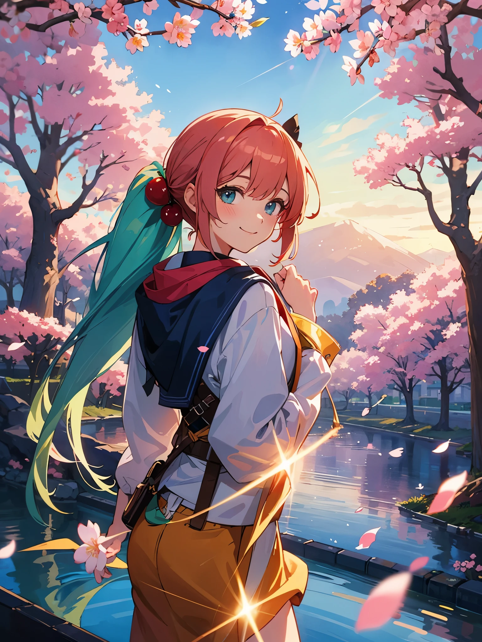 morning sun,lens flare,specular reflection,cinematic lighting,looking back,(very cute girl,closed mouth) smile,(cherry blossom:1.2), smile, looking at viewer,, masterpiece, best quality:1.4,high quality, detailed, (fantasy:1.4), (anime), ((extremely detailed 8k illustration)), highres, (extremely detailed and beautiful background), ultra detailed painting, professional illustrasion, Ultra-precise depiction, Ultra-detailed depiction, (beautiful and aesthetic:1.2), HDR, cool beauty, smile, character focus, two anime characters miku nakano and yotsuba nakano