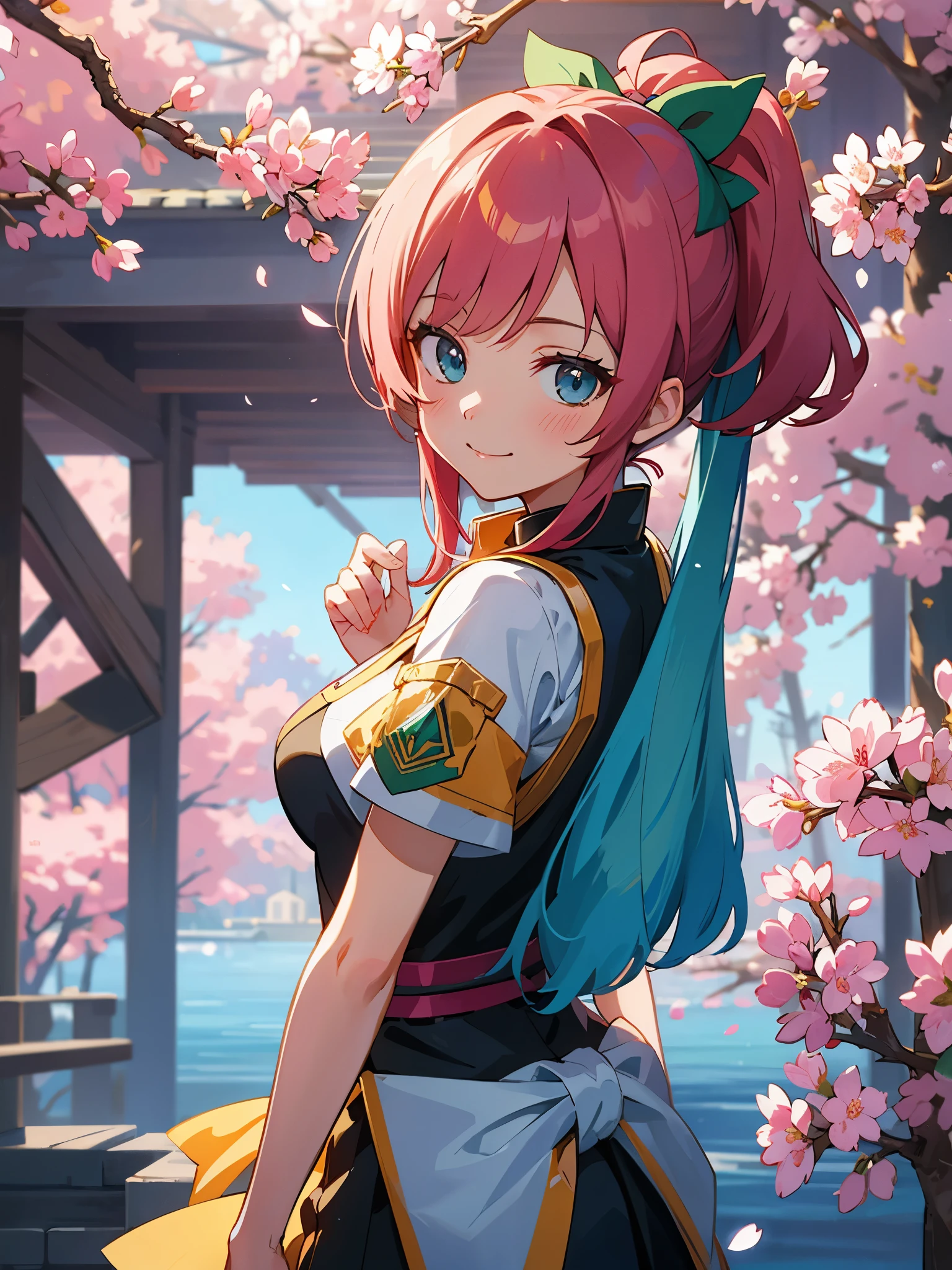 morning sun,lens flare,specular reflection,cinematic lighting,looking back,(very cute girl,closed mouth) smile,(cherry blossom:1.2), smile, looking at viewer,, masterpiece, best quality:1.4,high quality, detailed, (fantasy:1.4), (anime), ((extremely detailed 8k illustration)), highres, (extremely detailed and beautiful background), ultra detailed painting, professional illustrasion, Ultra-precise depiction, Ultra-detailed depiction, (beautiful and aesthetic:1.2), HDR, cool beauty, smile, character focus, two anime characters miku nakano and yotsuba nakano