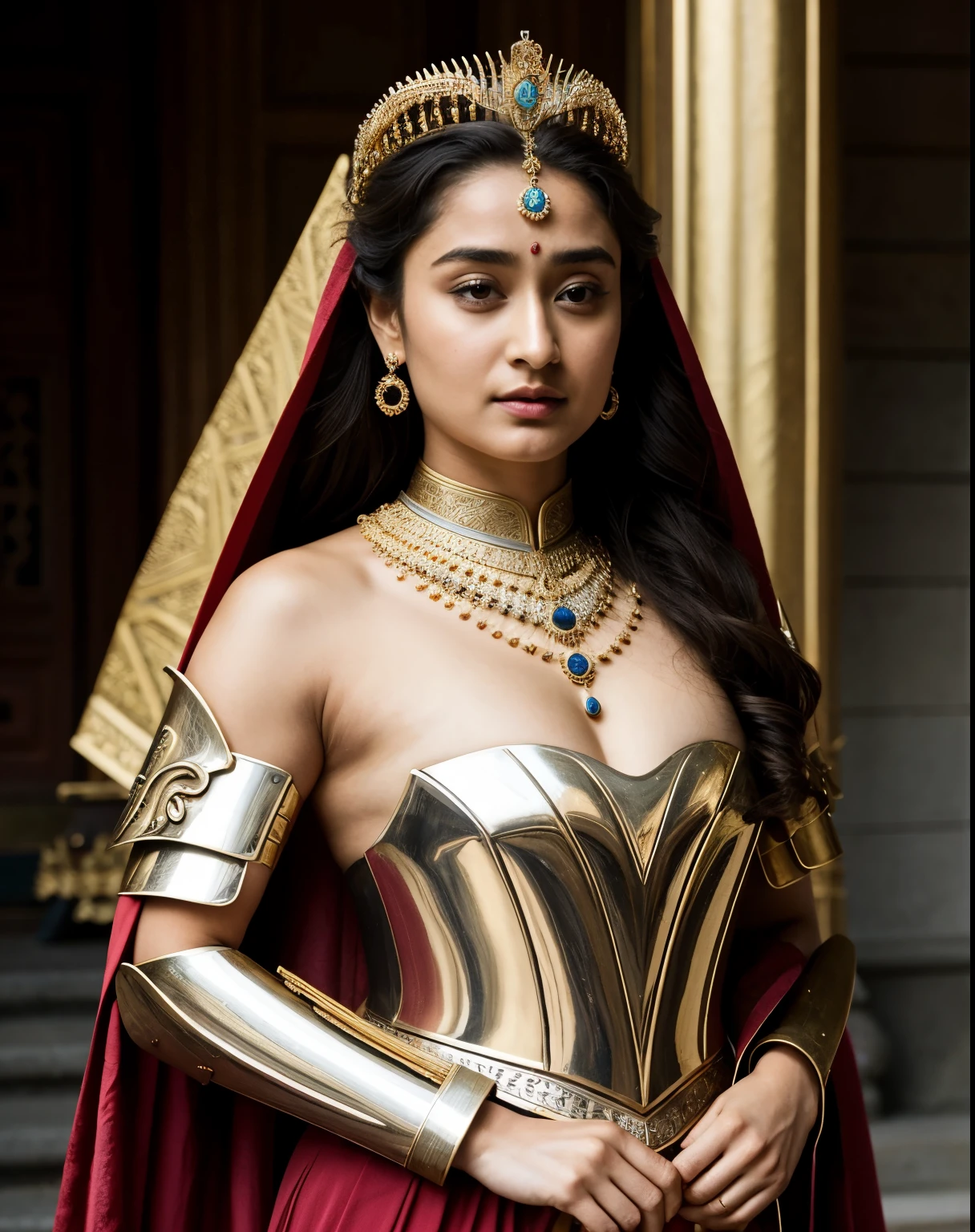 Looks Like Actress Tridha Chaudhary , "Design an illustration of a stunning and powerful warrior queen with a regal presence. Provocative figure, She should possess a combination of strength and grace. Imagine her in ornate, yet practical armor that complements her figure. The armor should be adorned with intricate details and symbols representing her royal lineage and warrior prowess. Her weapon of choice could be a unique and elegant sword or a mythical weapon that reflects her status as a formidable leader.

Her facial features should exude confidence and determination, with piercing eyes that convey both fierceness and wisdom. The queen's hair, whether long or short, should flow dynamically, hinting at her movement in battle. Consider incorporating elements that emphasize her connection to nature or a mythical realm, such as ethereal backgrounds, symbolic animals, or mystical symbols.

Pay attention to the color palette; use rich, bold colors that enhance her royal aura. Experiment with lighting to highlight specific details and create a sense of drama. Ensure that her posture and expression capture the essence of a queen who commands respect and admiration. Feel free to draw inspiration from historical warrior queens or fictional characters, blending elements to create a unique and captivating image.", intricate, flawless, skin texture, skin pores, hairy armpits, 