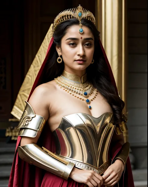 Looks Like Actress Tridha Chaudhary , "Design an illustration of a stunning and powerful warrior queen with a regal presence. Pr...