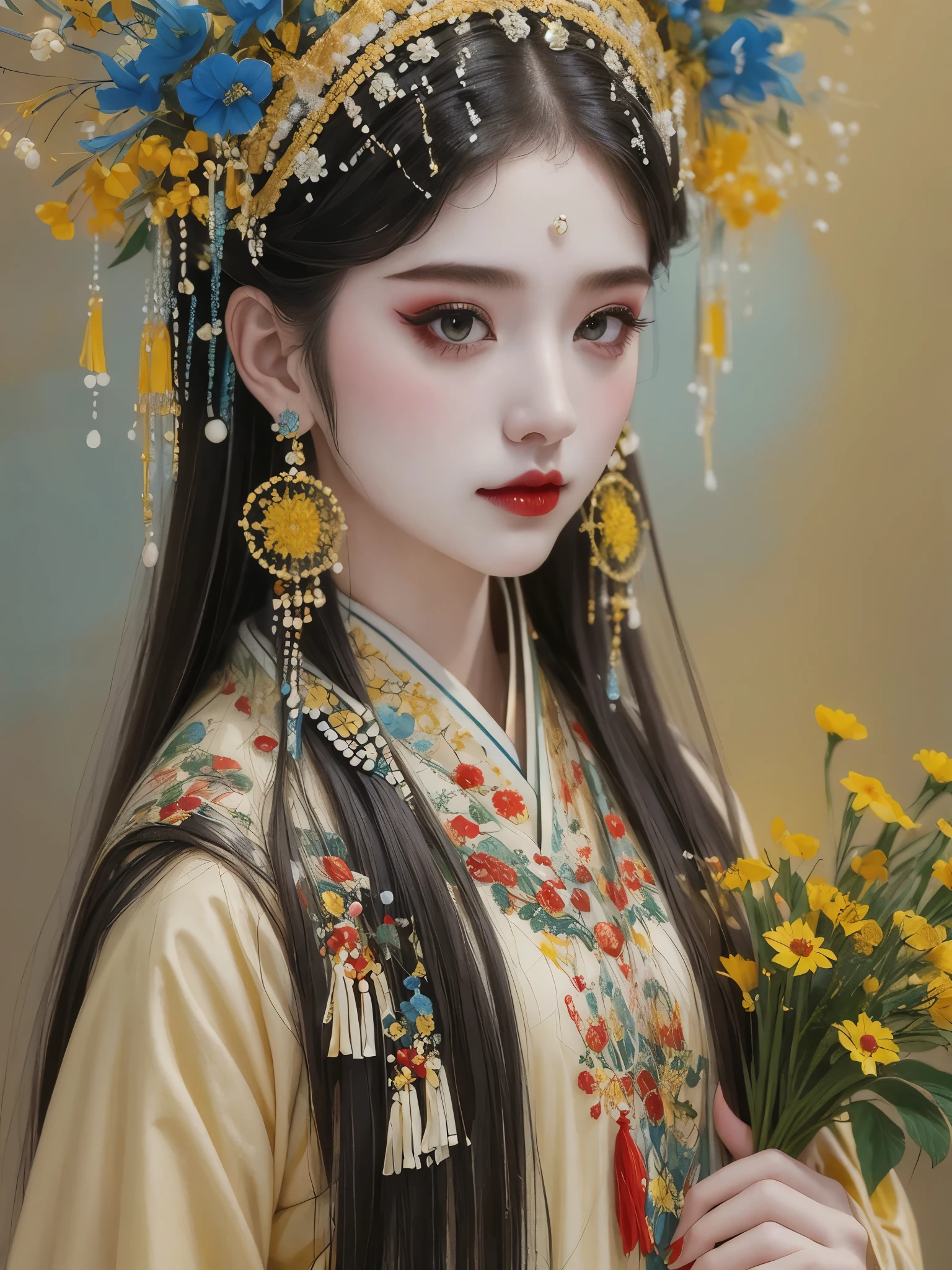 (masterpiece, best quality:1.2),1 girl,beautiful，portrait，red face，look at camera，landscape on hair，A bouquet of flowers，landscape，Hanfu，Skin details， alone，Chinese Peking Opera，Gorgeous costumes，Exquisite headdress，flower headdress，tassel，pearl，clean background，blue，Red，green