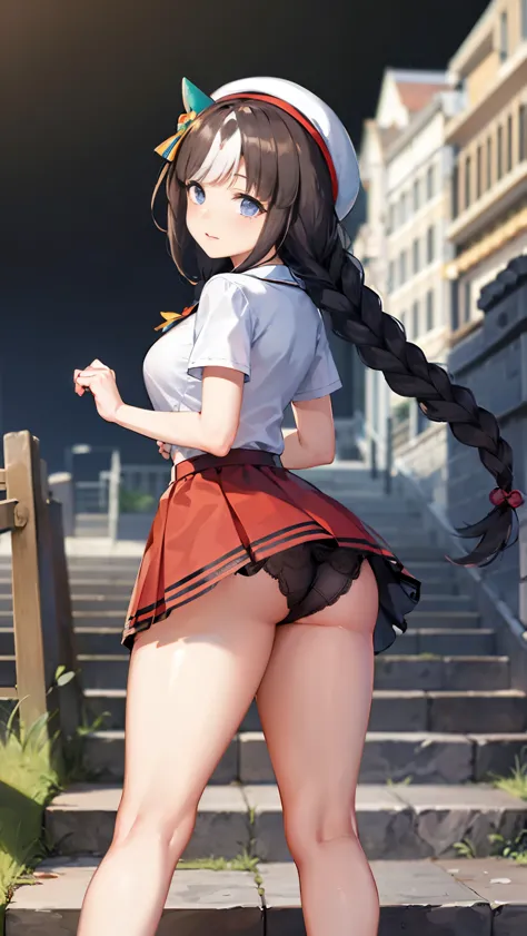 highest quality、one girl，full body figure、15 years old、big boobs、big 、perfect five fingers、perfect legs、perfect legs、hokko tarumae、Hokko Tarmae、perfect thing、detailed description、small details、shy face、detailed face、mini skirt、black hair、long hair、black pa...