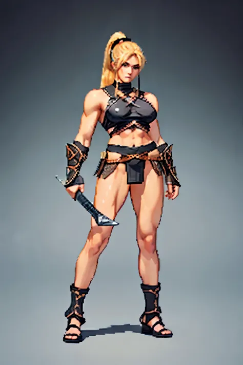 (highest quality:1.2),(perfect beautiful face 1.2),(perfect and beautiful posture:1.2),(female barbarian:1.2),blonde ponytail,clear eyes,She wears beautiful black armor with a red dot., thick muscles