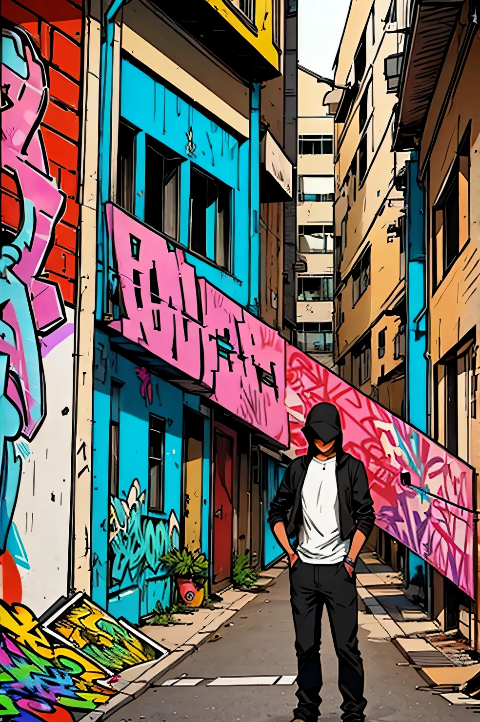 A page from a a comic book magazine with many plots, a comic book style, street style teens paint graffiti on the walls of the old city, street style teens hide from the police, (street style teens:1.2055), (graffiti:1.455), (a comic:1.3), A high resolution, High detail