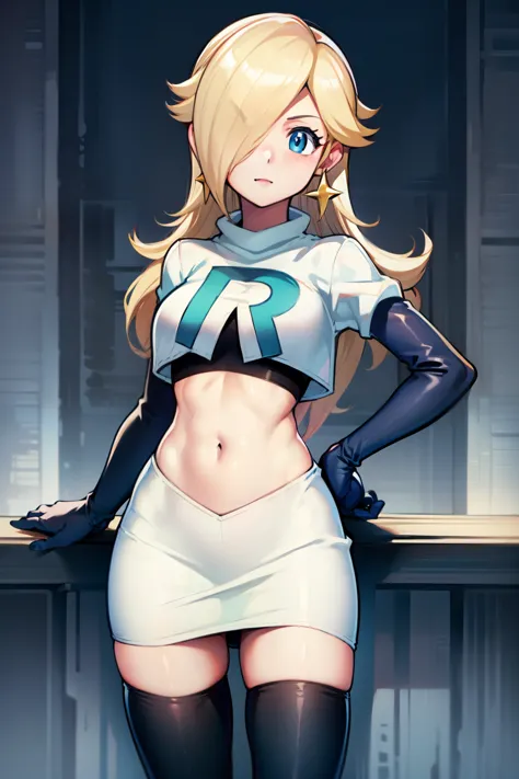 rosalina ,team rocket uniform, red letter R, white skirt,white crop top,black thigh-highs, black elbow gloves, looking at viewer...