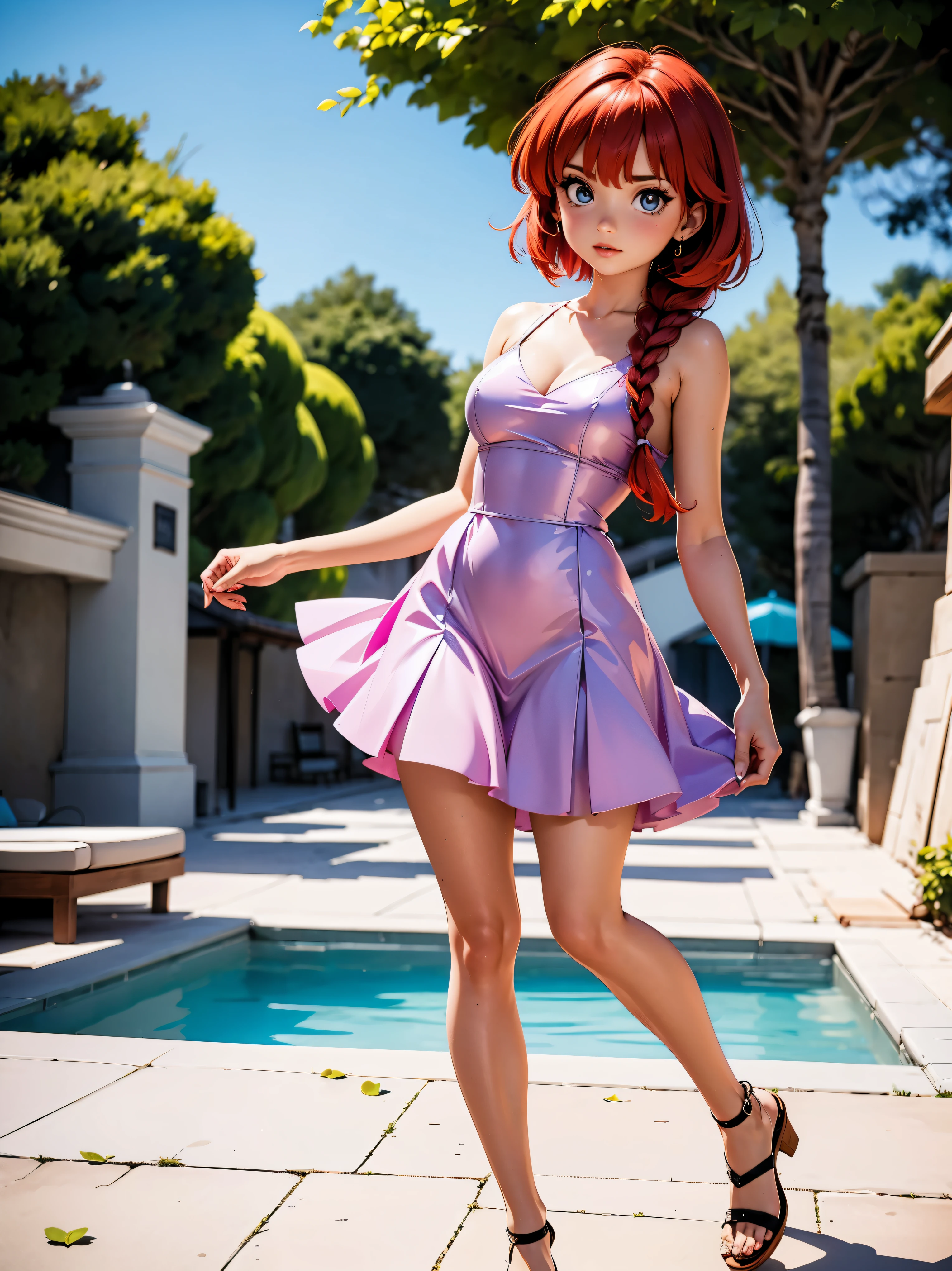 Garota anime ruiva com vestido longo pink e purple de casamento, saia, 16 anos, corpo bonito, seios grandes, with hands behind head, running your hands through your hair, Garota sexy, red short hair with braid, mechas de cabelo laterais, mechas de cabelo na lateral do rosto, beautiful lighting, sombras suaves, olhos azuis, pernas bonitas, short hair with braid, estilo anime, Ranma Chan, Autora Rumiko Takahashi, Baseado em obra de Rumiko Takahashi, Anime Ranma 1/ 2, decote sexy, quadril robusto, corpo inteiro, corpo inteiro, busto grande, garota jovem com corpo belo e bonito, sandals on his feet, garota 16 anos jovem baixa estatura, usando vestido longo pink e purple, garota anime, estilo anime, beautiful feet in sandals, 45° viewing angle, ao ar livre, red hair braid